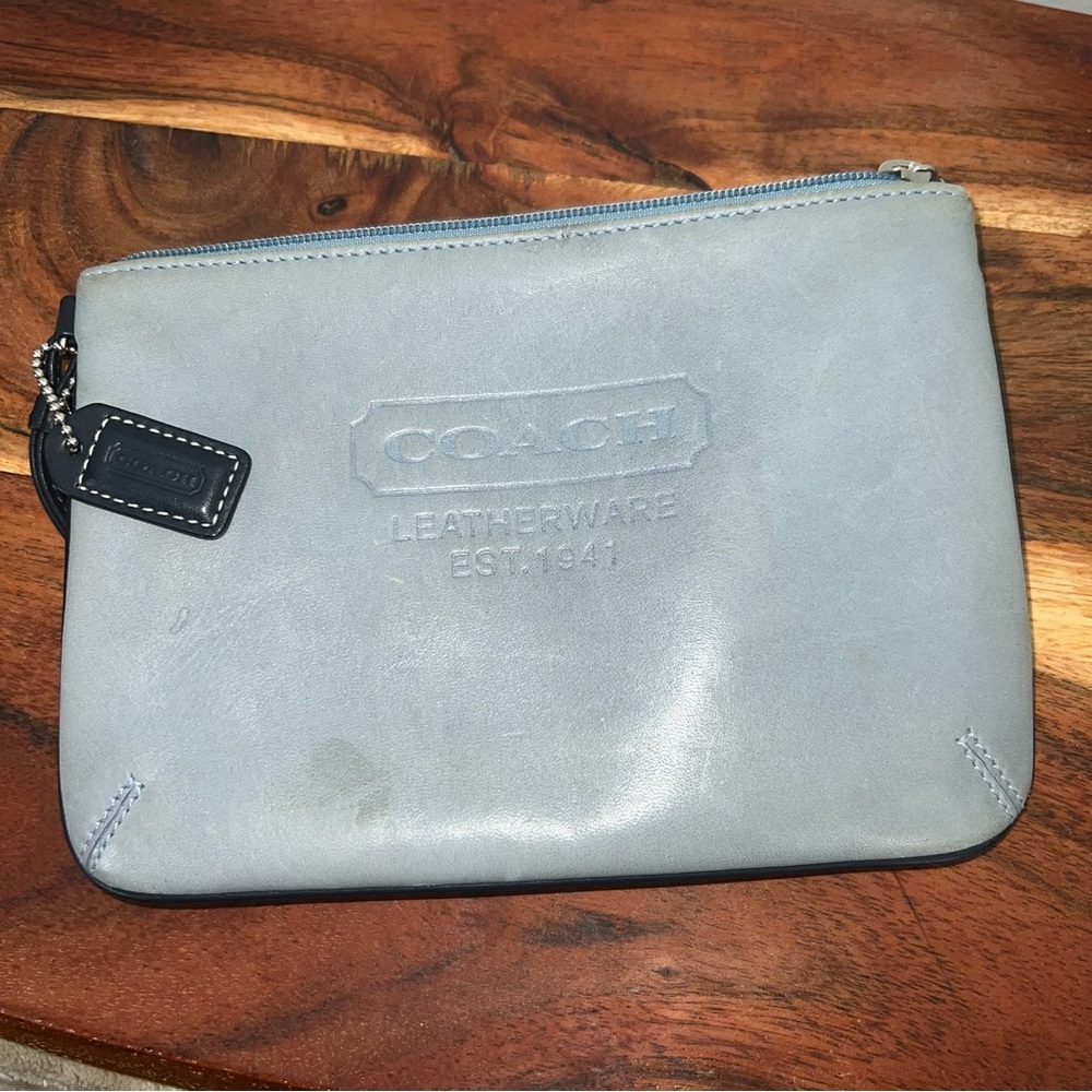 Coach Dusty Blue Gray Leather Zip Top Wristlet Clutch Est 1941 - Picture 2 of 7